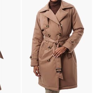 Bernardo Coat Womens Small Tan EcoPlume Longline Puffer Trench Double Breasted